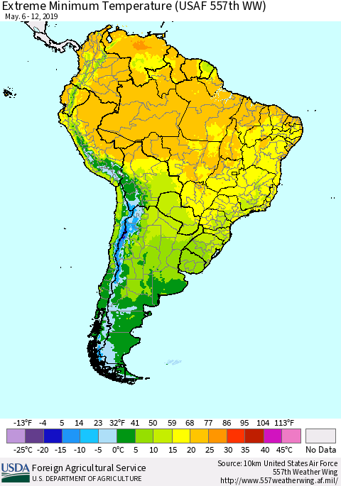 South America Minimum Daily Temperature (USAF 557th WW) Thematic Map For 5/6/2019 - 5/12/2019