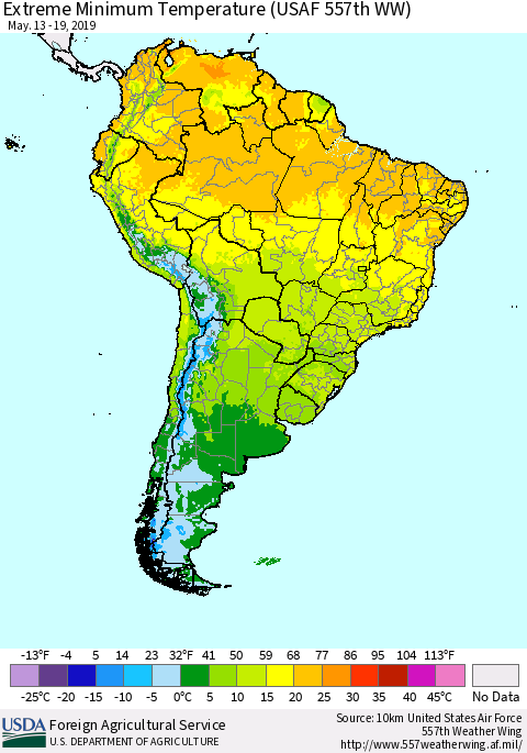 South America Minimum Daily Temperature (USAF 557th WW) Thematic Map For 5/13/2019 - 5/19/2019