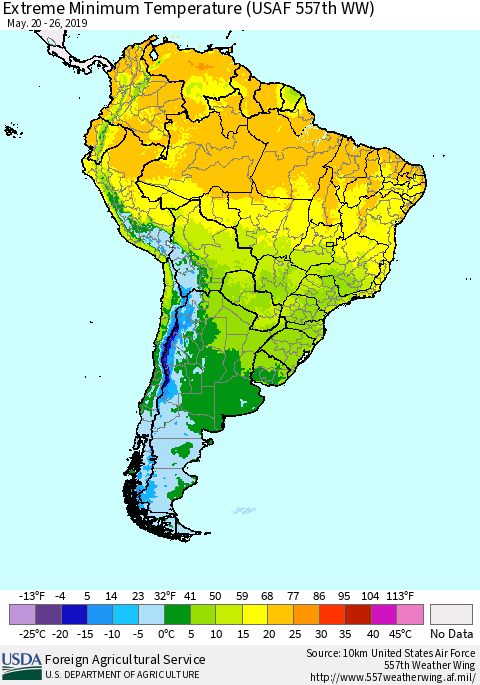 South America Minimum Daily Temperature (USAF 557th WW) Thematic Map For 5/20/2019 - 5/26/2019