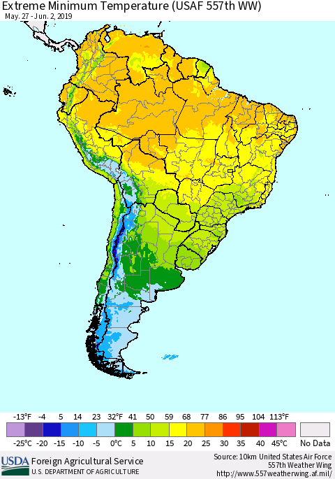 South America Minimum Daily Temperature (USAF 557th WW) Thematic Map For 5/27/2019 - 6/2/2019