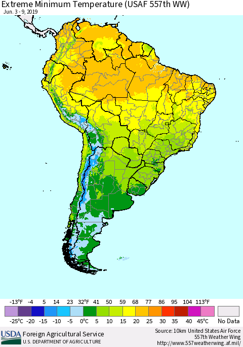 South America Minimum Daily Temperature (USAF 557th WW) Thematic Map For 6/3/2019 - 6/9/2019
