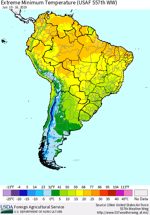 South America Minimum Daily Temperature (USAF 557th WW) Thematic Map For 6/10/2019 - 6/16/2019