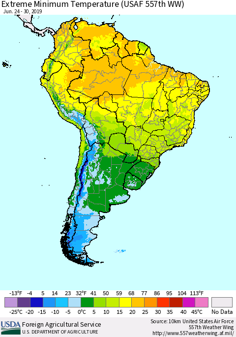 South America Minimum Daily Temperature (USAF 557th WW) Thematic Map For 6/24/2019 - 6/30/2019