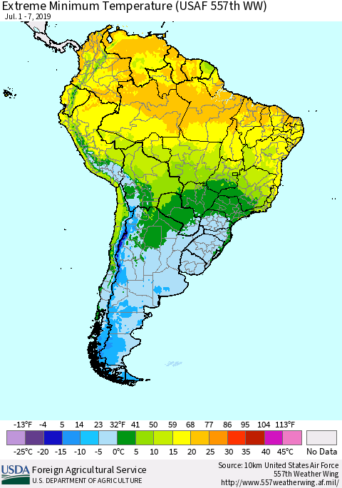 South America Minimum Daily Temperature (USAF 557th WW) Thematic Map For 7/1/2019 - 7/7/2019