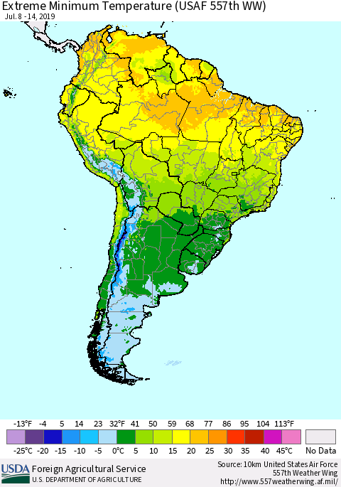 South America Minimum Daily Temperature (USAF 557th WW) Thematic Map For 7/8/2019 - 7/14/2019