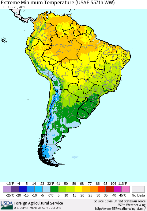 South America Minimum Daily Temperature (USAF 557th WW) Thematic Map For 7/15/2019 - 7/21/2019