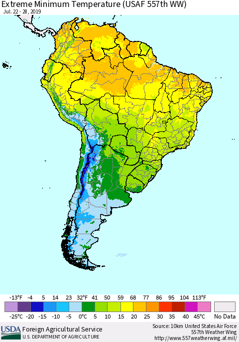 South America Minimum Daily Temperature (USAF 557th WW) Thematic Map For 7/22/2019 - 7/28/2019