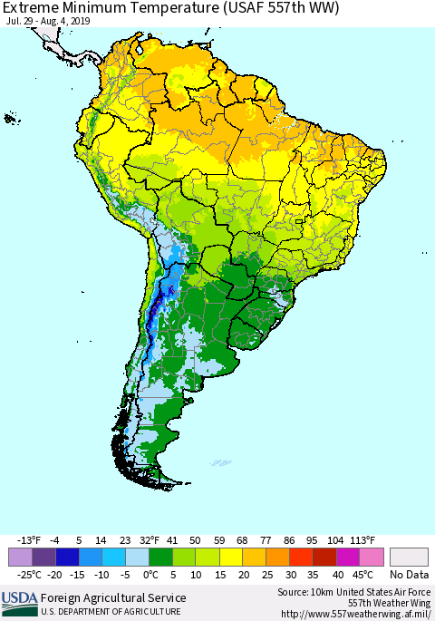 South America Minimum Daily Temperature (USAF 557th WW) Thematic Map For 7/29/2019 - 8/4/2019
