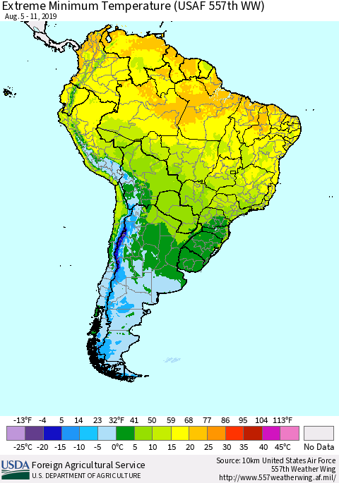 South America Minimum Daily Temperature (USAF 557th WW) Thematic Map For 8/5/2019 - 8/11/2019