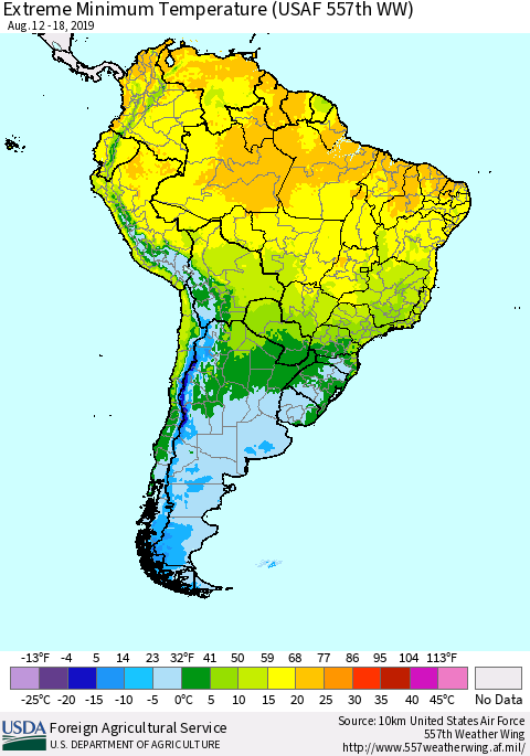South America Minimum Daily Temperature (USAF 557th WW) Thematic Map For 8/12/2019 - 8/18/2019