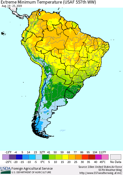 South America Minimum Daily Temperature (USAF 557th WW) Thematic Map For 8/19/2019 - 8/25/2019