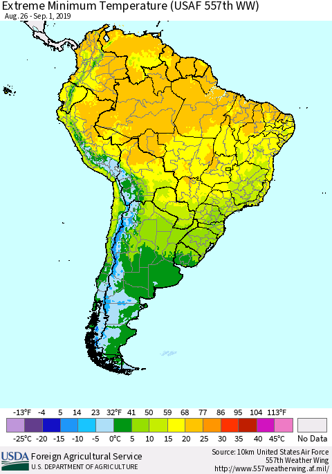 South America Minimum Daily Temperature (USAF 557th WW) Thematic Map For 8/26/2019 - 9/1/2019