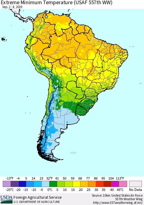 South America Minimum Daily Temperature (USAF 557th WW) Thematic Map For 9/2/2019 - 9/8/2019