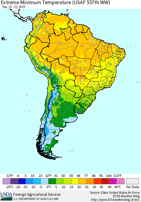 South America Minimum Daily Temperature (USAF 557th WW) Thematic Map For 9/16/2019 - 9/22/2019