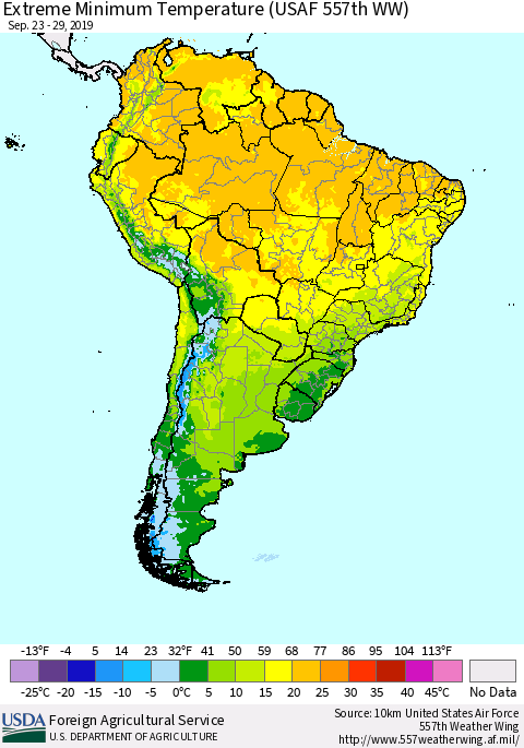 South America Minimum Daily Temperature (USAF 557th WW) Thematic Map For 9/23/2019 - 9/29/2019
