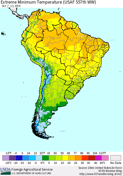South America Minimum Daily Temperature (USAF 557th WW) Thematic Map For 10/7/2019 - 10/13/2019