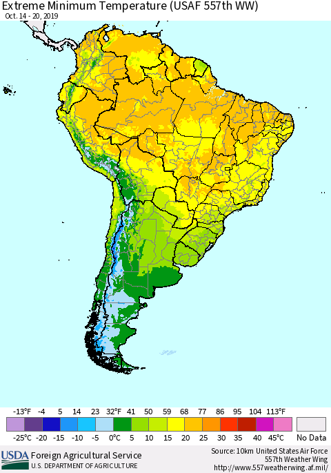 South America Minimum Daily Temperature (USAF 557th WW) Thematic Map For 10/14/2019 - 10/20/2019