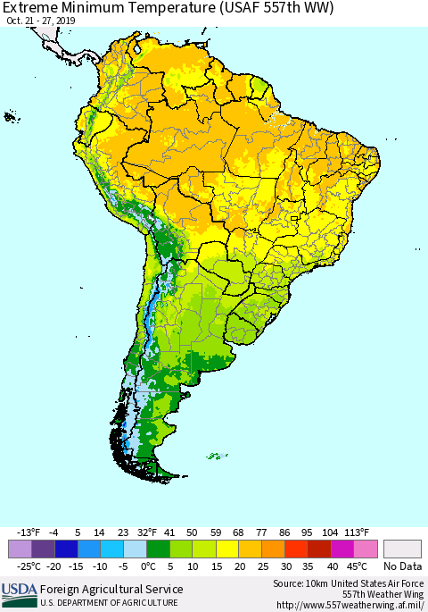 South America Minimum Daily Temperature (USAF 557th WW) Thematic Map For 10/21/2019 - 10/27/2019