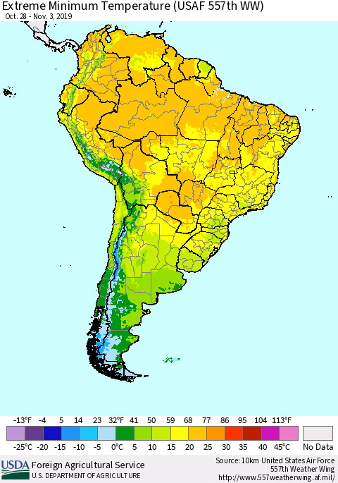South America Minimum Daily Temperature (USAF 557th WW) Thematic Map For 10/28/2019 - 11/3/2019