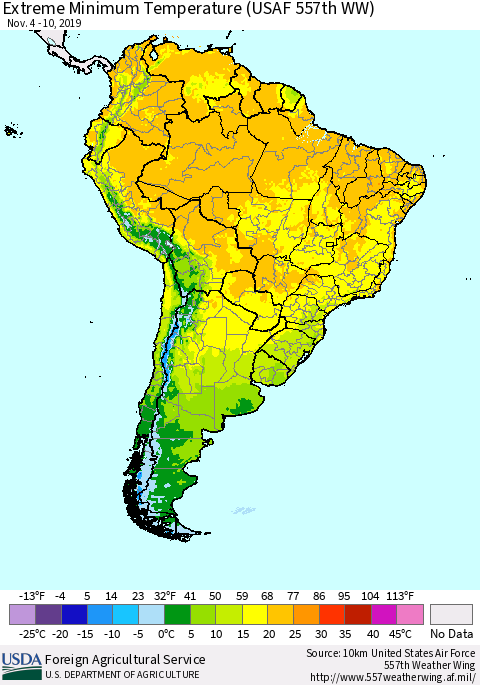 South America Minimum Daily Temperature (USAF 557th WW) Thematic Map For 11/4/2019 - 11/10/2019