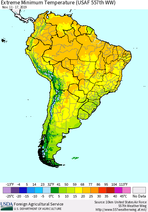 South America Minimum Daily Temperature (USAF 557th WW) Thematic Map For 11/11/2019 - 11/17/2019