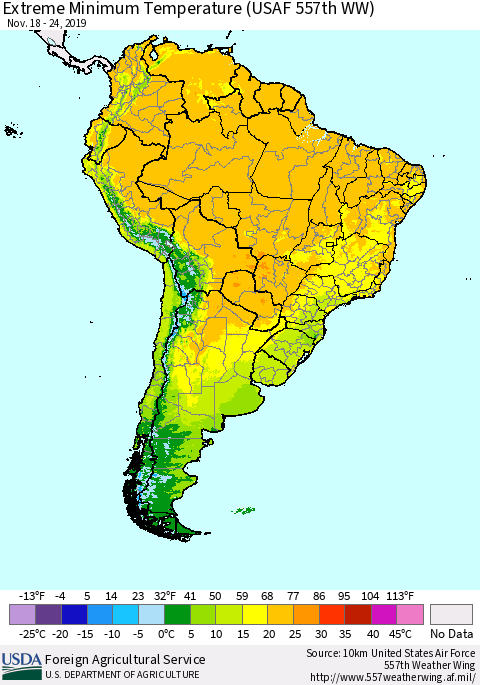 South America Minimum Daily Temperature (USAF 557th WW) Thematic Map For 11/18/2019 - 11/24/2019