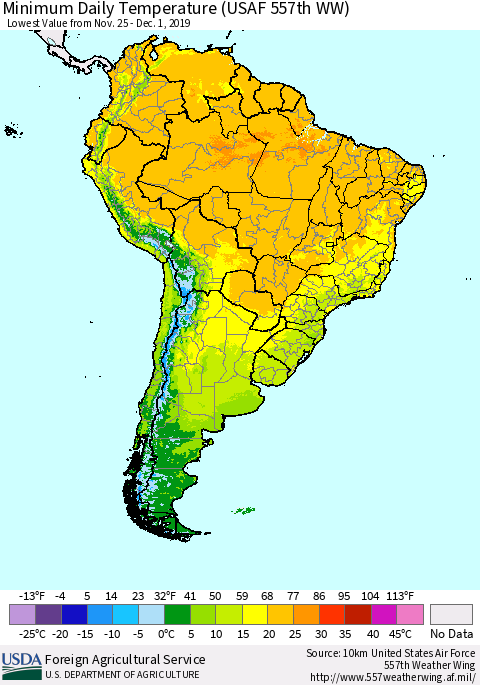 South America Minimum Daily Temperature (USAF 557th WW) Thematic Map For 11/25/2019 - 12/1/2019