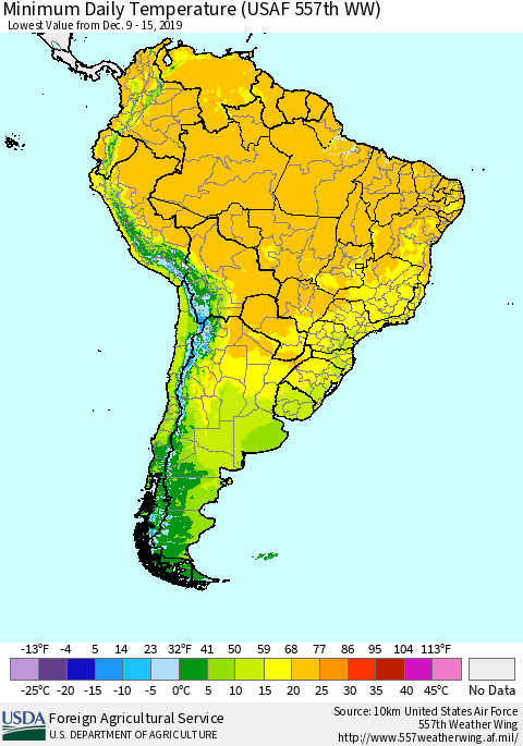 South America Minimum Daily Temperature (USAF 557th WW) Thematic Map For 12/9/2019 - 12/15/2019