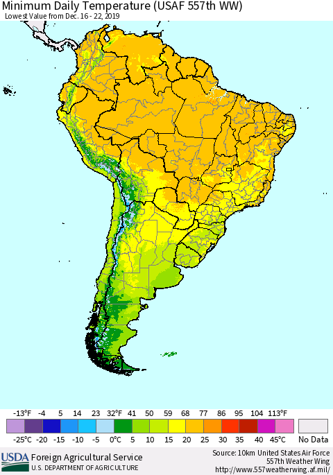 South America Minimum Daily Temperature (USAF 557th WW) Thematic Map For 12/16/2019 - 12/22/2019