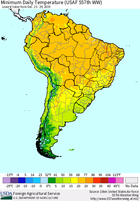 South America Minimum Daily Temperature (USAF 557th WW) Thematic Map For 12/23/2019 - 12/29/2019