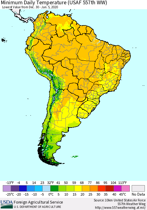 South America Minimum Daily Temperature (USAF 557th WW) Thematic Map For 12/30/2019 - 1/5/2020