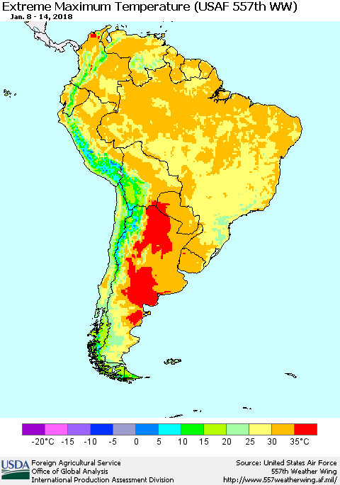 South America Maximum Daily Temperature (USAF 557th WW) Thematic Map For 1/8/2018 - 1/14/2018