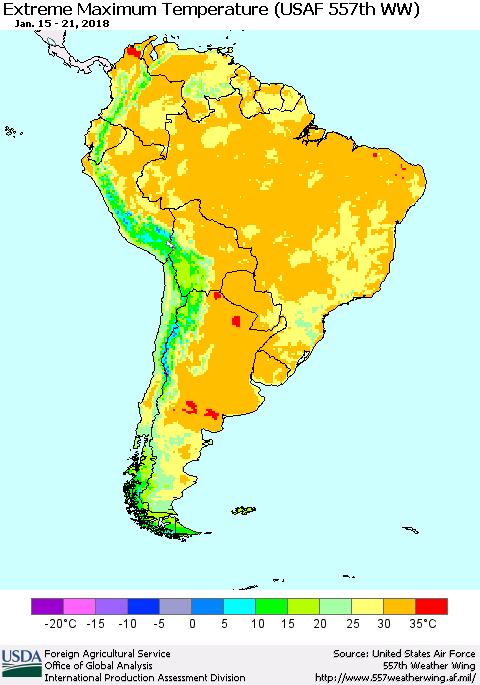 South America Maximum Daily Temperature (USAF 557th WW) Thematic Map For 1/15/2018 - 1/21/2018