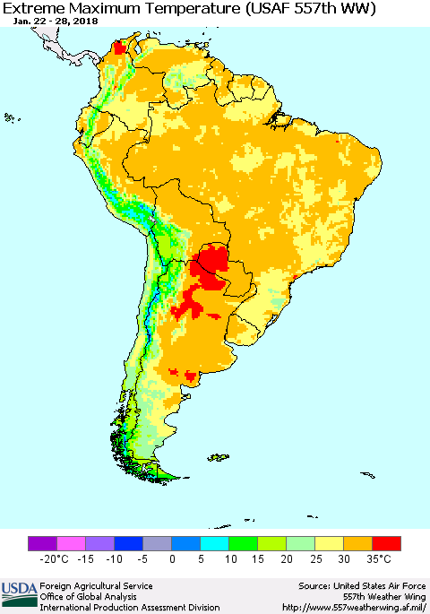 South America Maximum Daily Temperature (USAF 557th WW) Thematic Map For 1/22/2018 - 1/28/2018