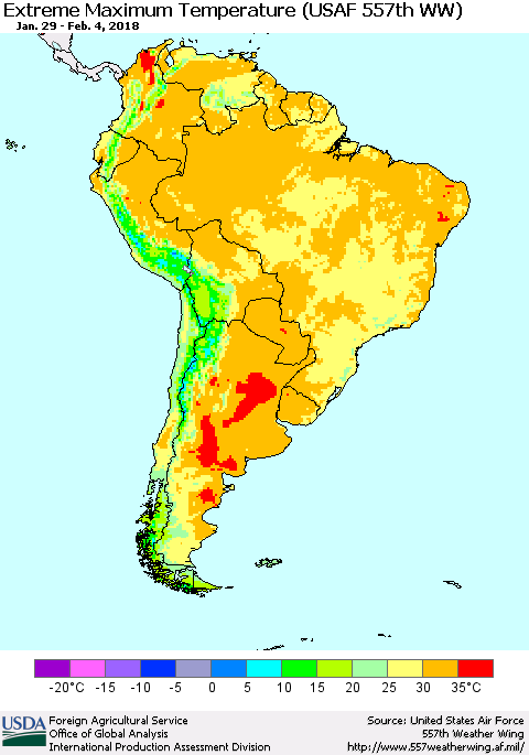 South America Maximum Daily Temperature (USAF 557th WW) Thematic Map For 1/29/2018 - 2/4/2018
