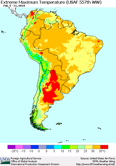 South America Maximum Daily Temperature (USAF 557th WW) Thematic Map For 2/5/2018 - 2/11/2018