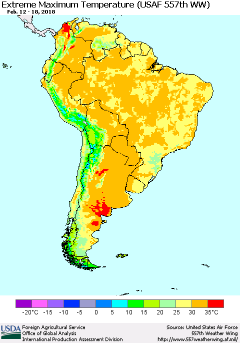 South America Maximum Daily Temperature (USAF 557th WW) Thematic Map For 2/12/2018 - 2/18/2018