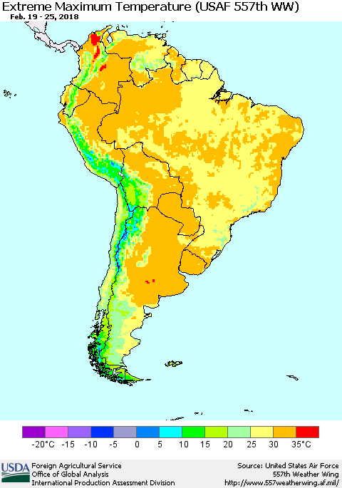 South America Maximum Daily Temperature (USAF 557th WW) Thematic Map For 2/19/2018 - 2/25/2018
