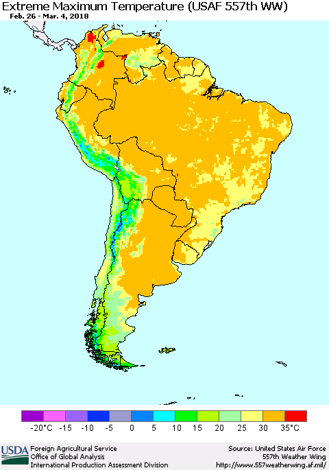 South America Maximum Daily Temperature (USAF 557th WW) Thematic Map For 2/26/2018 - 3/4/2018