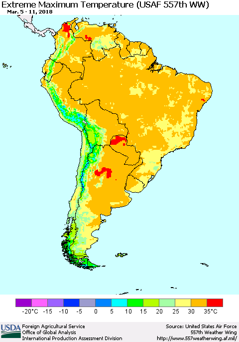 South America Maximum Daily Temperature (USAF 557th WW) Thematic Map For 3/5/2018 - 3/11/2018