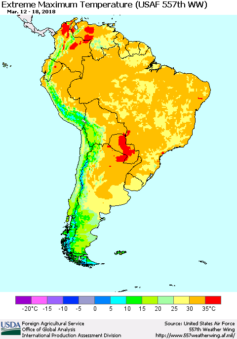 South America Maximum Daily Temperature (USAF 557th WW) Thematic Map For 3/12/2018 - 3/18/2018
