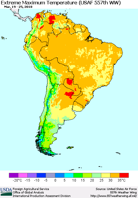 South America Maximum Daily Temperature (USAF 557th WW) Thematic Map For 3/19/2018 - 3/25/2018