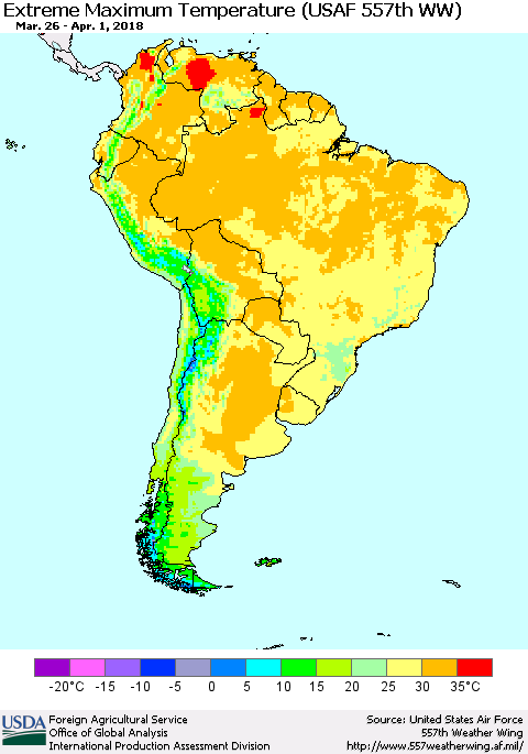 South America Maximum Daily Temperature (USAF 557th WW) Thematic Map For 3/26/2018 - 4/1/2018