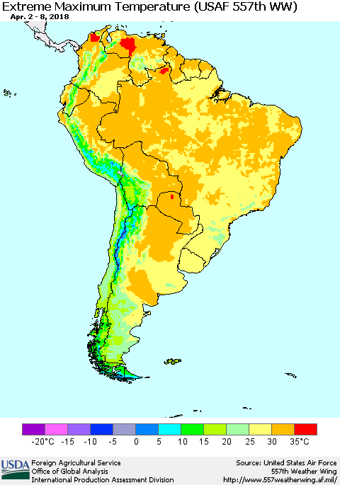 South America Maximum Daily Temperature (USAF 557th WW) Thematic Map For 4/2/2018 - 4/8/2018