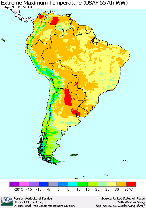 South America Maximum Daily Temperature (USAF 557th WW) Thematic Map For 4/9/2018 - 4/15/2018