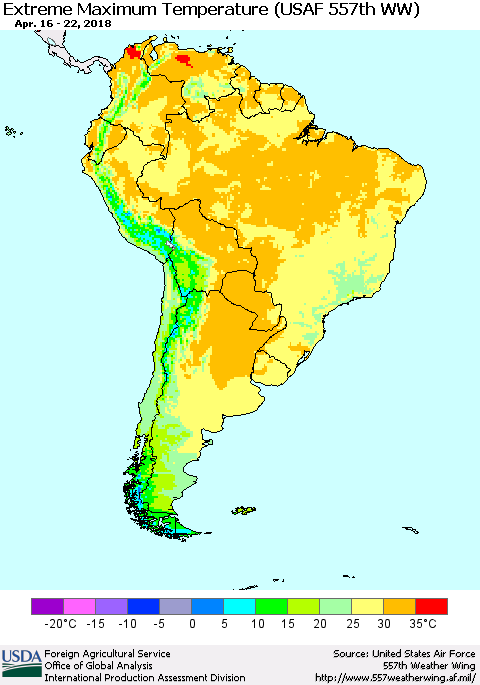 South America Maximum Daily Temperature (USAF 557th WW) Thematic Map For 4/16/2018 - 4/22/2018
