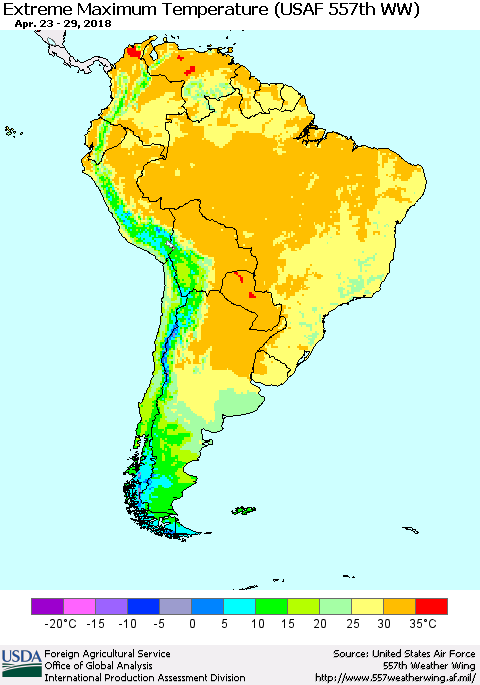 South America Maximum Daily Temperature (USAF 557th WW) Thematic Map For 4/23/2018 - 4/29/2018