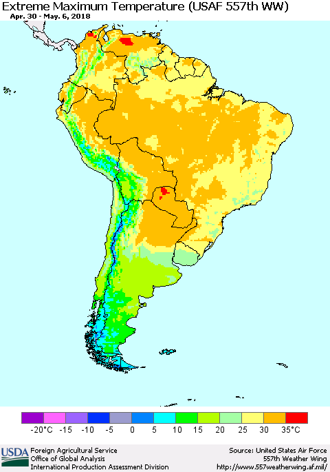 South America Maximum Daily Temperature (USAF 557th WW) Thematic Map For 4/30/2018 - 5/6/2018