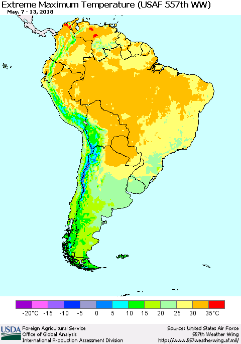 South America Maximum Daily Temperature (USAF 557th WW) Thematic Map For 5/7/2018 - 5/13/2018