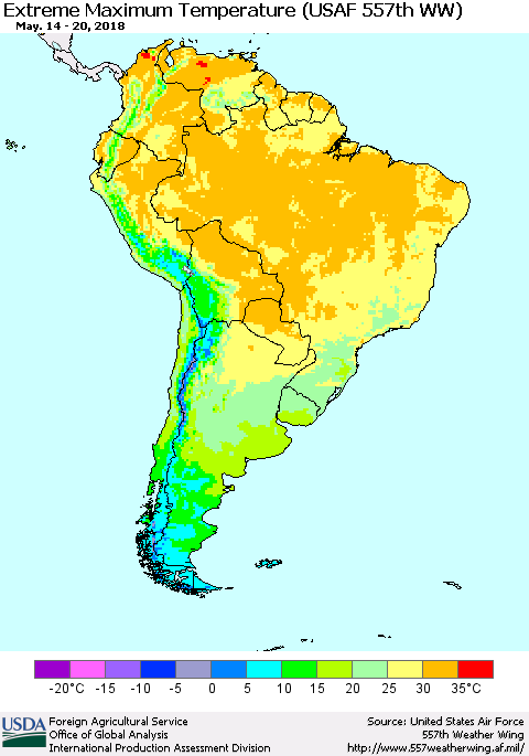 South America Maximum Daily Temperature (USAF 557th WW) Thematic Map For 5/14/2018 - 5/20/2018